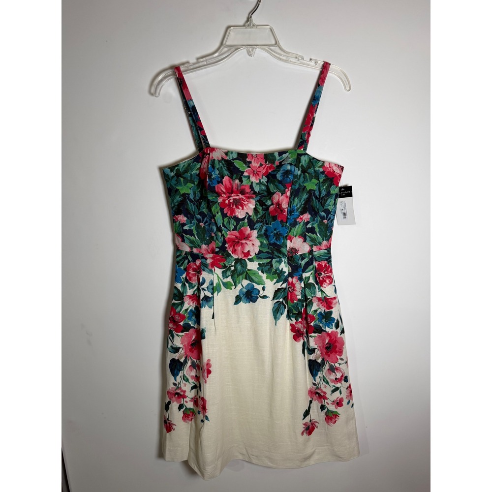 Tahari ASL Floral Linen Blend Spaghetti Strap Mini Dress Cream Multi 8 - Picture 1 of 8